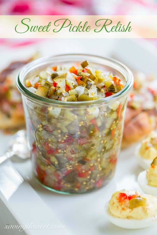 Homemade Sweet Pickle Relish - made with fresh from the garden cucumbers. Delicious served on hot dogs, deviled eggs or in all your summer salads. www.savingdessert.com