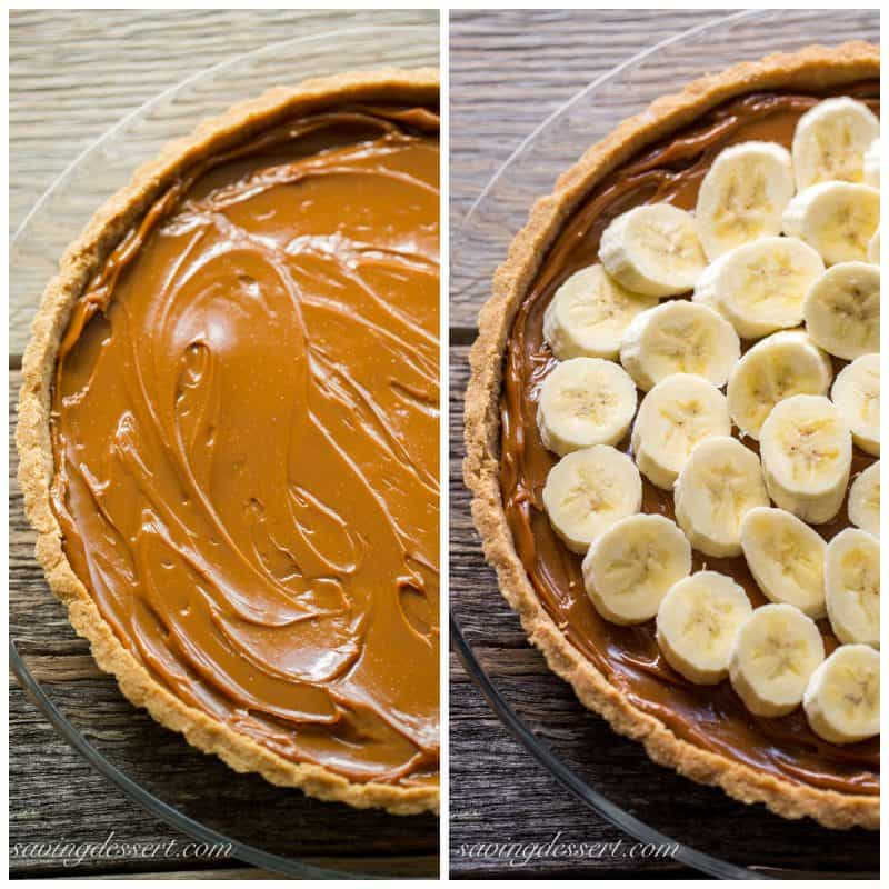 Stages of the banoffee pie - with caramel in a good crust and another photo topped with bananas