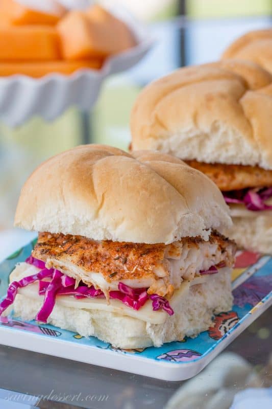 Blackened Grouper Sandwich with Purple Slaw and Swiss Cheese