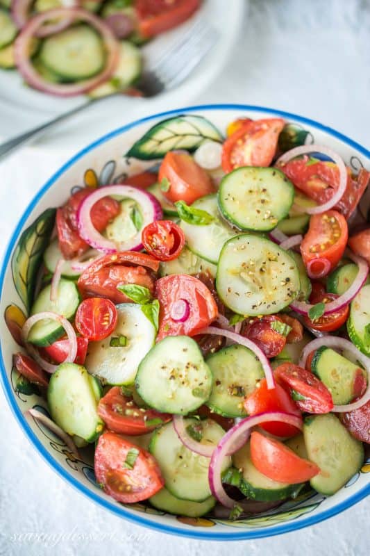  Heirloom Tomato Salad with cucumbers & onion (garden-to-table)  www.savingdessert.com