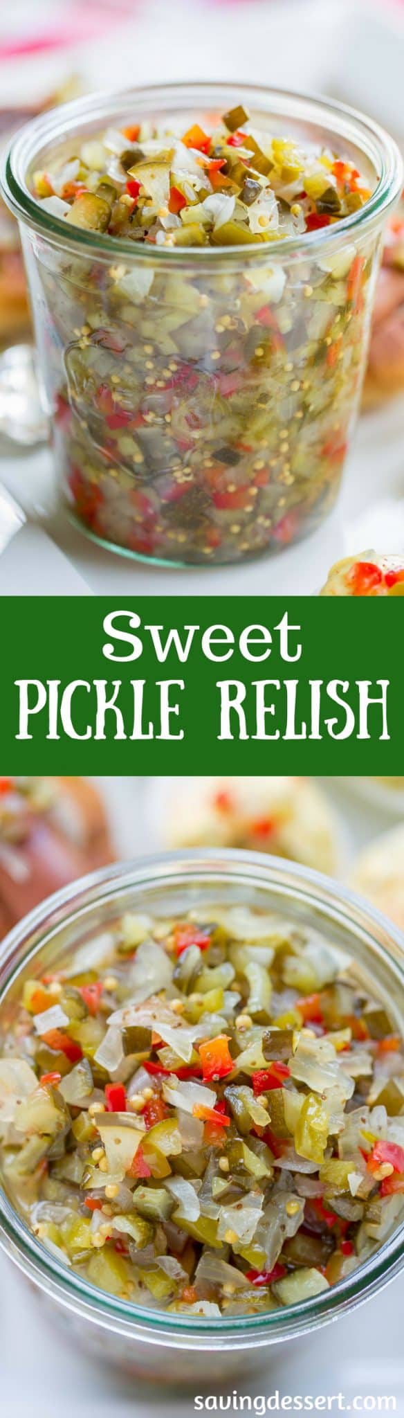 Homemade Sweet Pickle Relish - made with fresh from the garden cucumbers. Delicious served on hot dogs, deviled eggs or in all your summer salads. www.savingdessert.com
