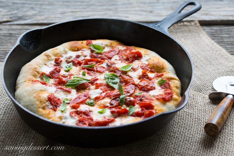 Skillet Pizza Margherita with garden fresh tomatoes and basil