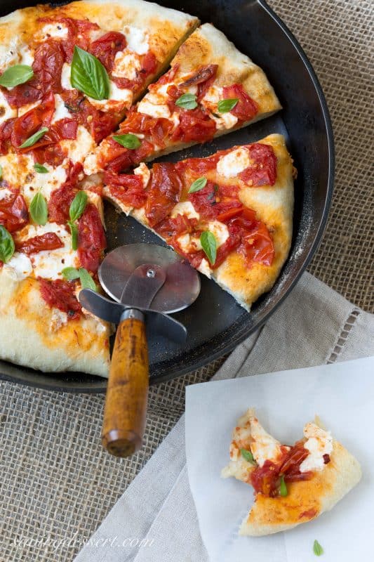 Skillet Pizza Margherita with garden fresh tomatoes and basil