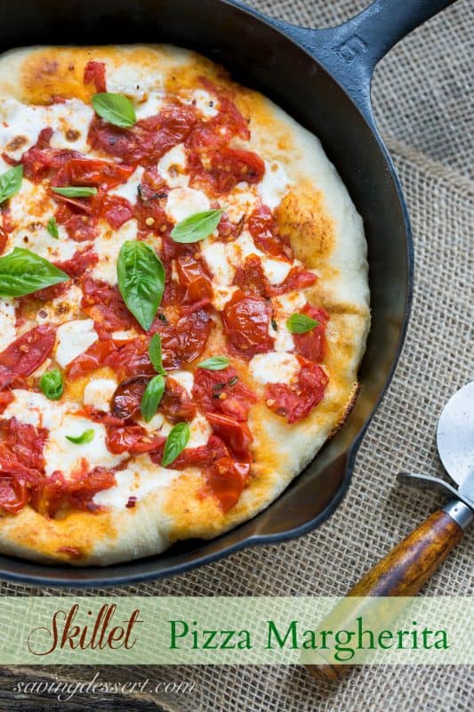 Skillet Pizza Margherita with garden fresh tomatoes and basil