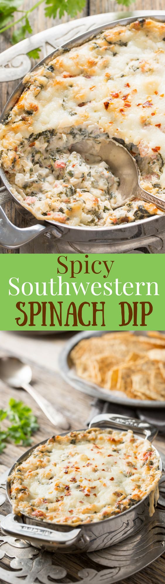 Spicy Southwestern Spinach Dip - a spicy warm spinach dip packed with flavor. Serve with bread, chips or crackers. Easily mixed up ahead of time then baked when ready to serve. www.savingdessert.com