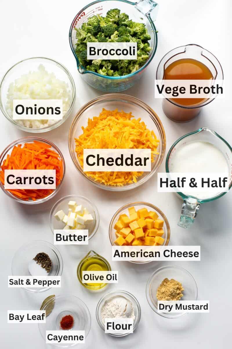 A collage of ingredients used to make broccoli cheddar soup.