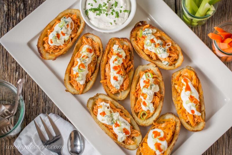 Buffalo Chicken Potato Skins with Blue Cheese Dip | www.savingdessert.com