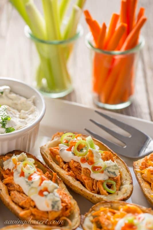 Buffalo Chicken Potato Skins with Blue Cheese Dip | www.savingdessert.com