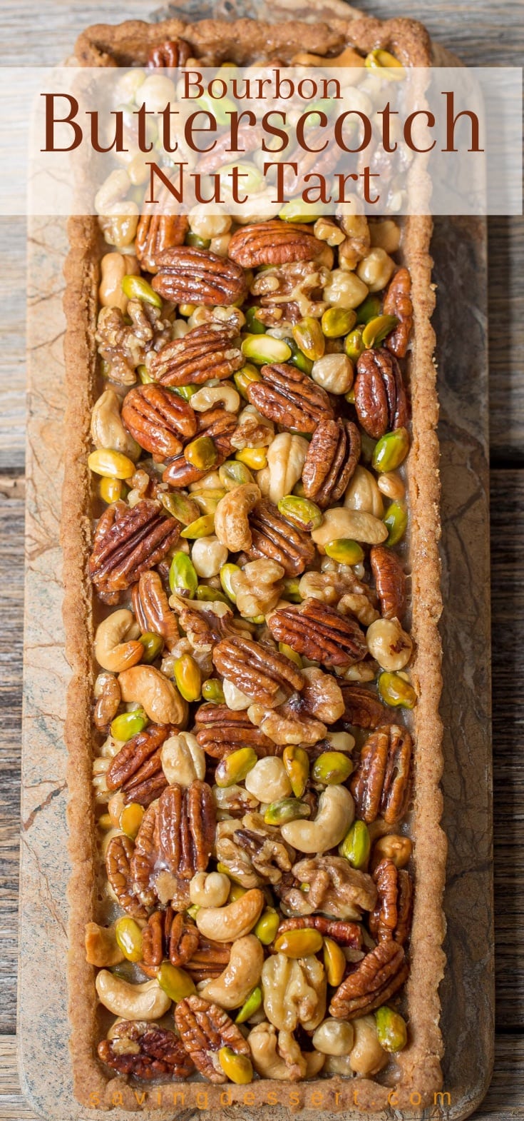 An overhead view of a bourbon butterscotch nut tart