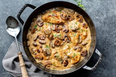 A skillet alongside chicken in addition to mushrooms alongside fresh thyme Skillet Chicken in addition to Mushroom Wine Sauce