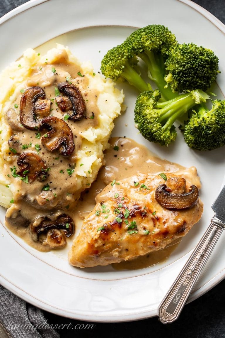 Skillet chicken and mushroom wine sauce saving room for dessert