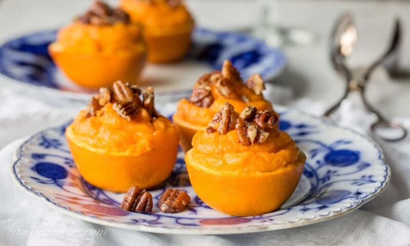 Sweet Potato Soufflé in Orange Cups with Cinnamon Pecans