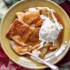 a plate of apple dessert topped with ice cream