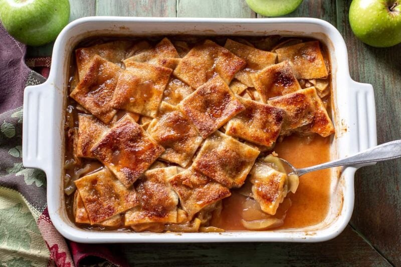 Overhead view of a pan with apples and pastry crust