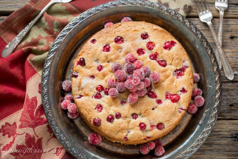 Almond Cranberry Breakfast Cake with sugared cranberries on top