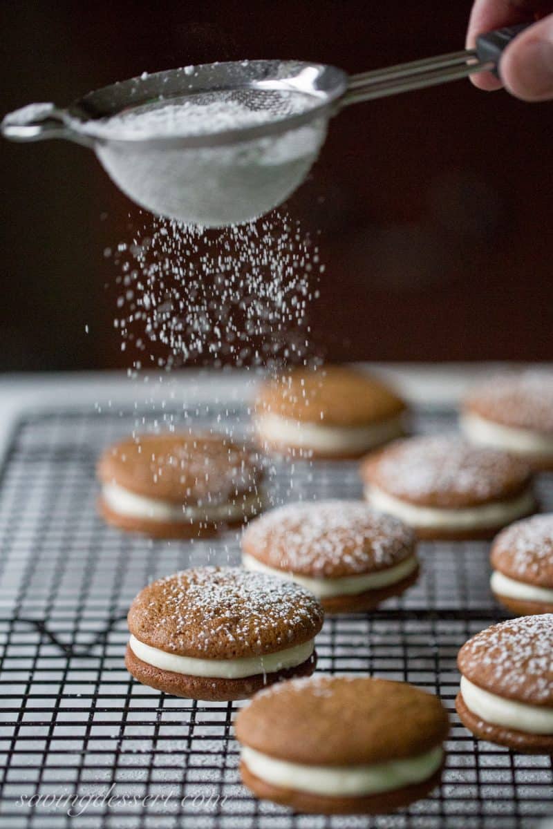 Gingerbread Whoopie Pies dusted with powdered sugar