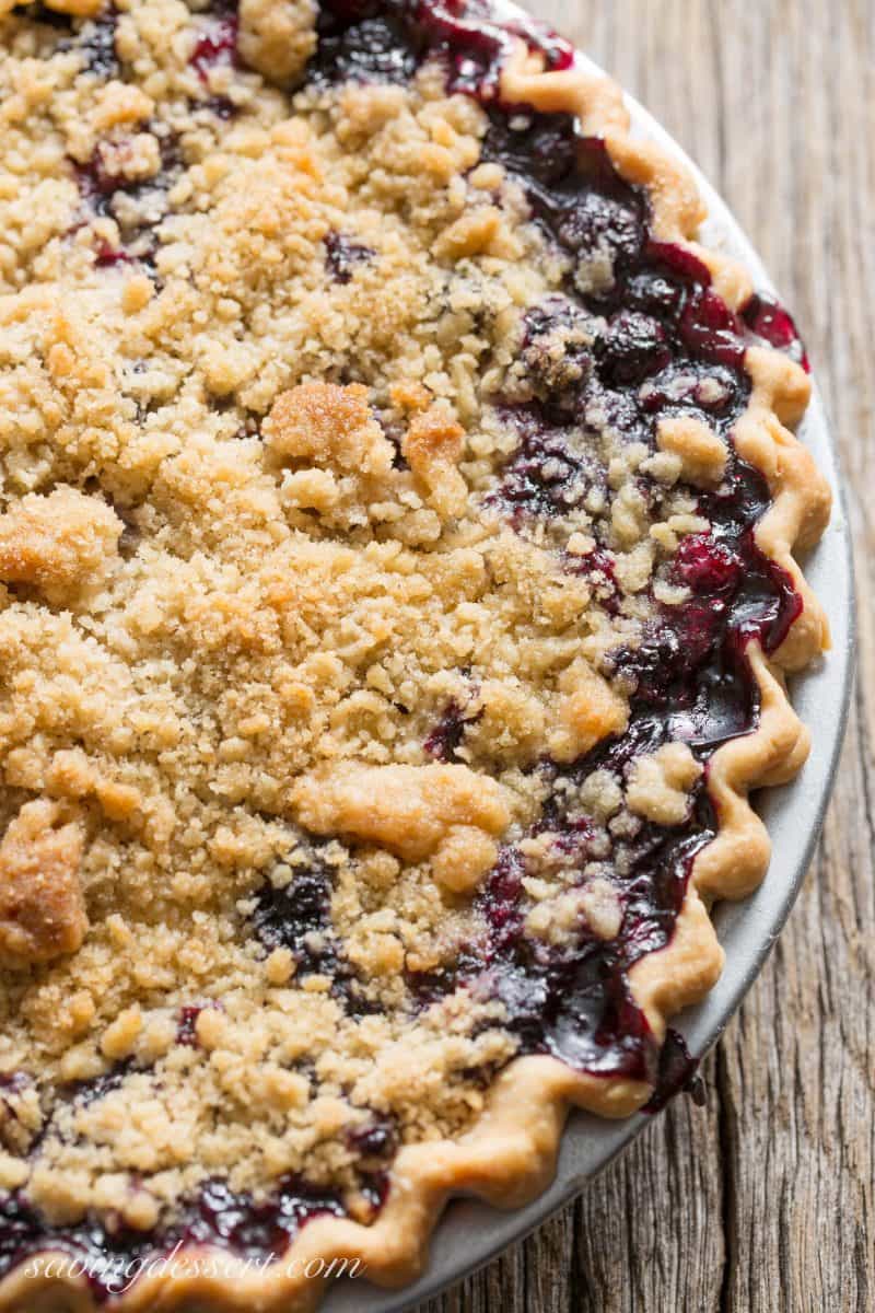 An overhead view of a Blueberry crumble pie