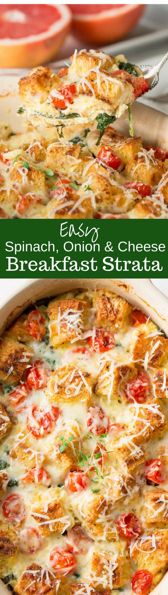 Easy Spinach, Onion & Cheese Breakfast Strata - a wonderful make ahead breakfast casserole with tons of flavor and rich Gruyere cheese.  Add bacon or sausage for your hungry family!  www.savingdessert.com