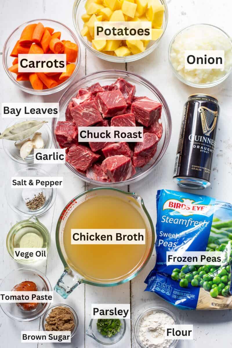 A collage of ingredients needed to make Guinness Beef Stew