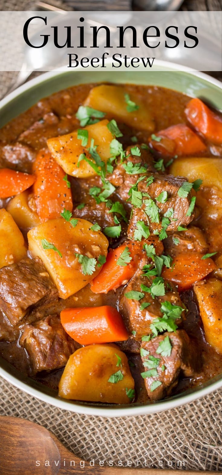 A bowl of Guinness Beef Stew with carrots and potatoes