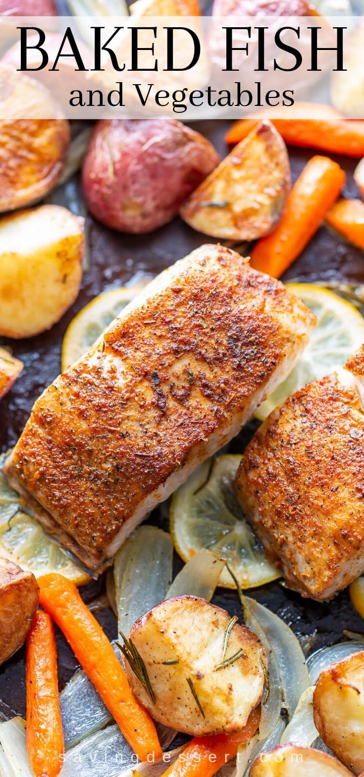 A sheet pan with baked fish and vegetables