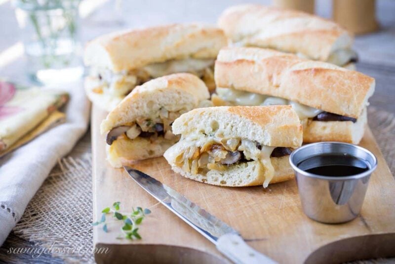 Vegetarian French Dip with Mushroom Jus, Caramelized Onions and Melted Provolone Cheese