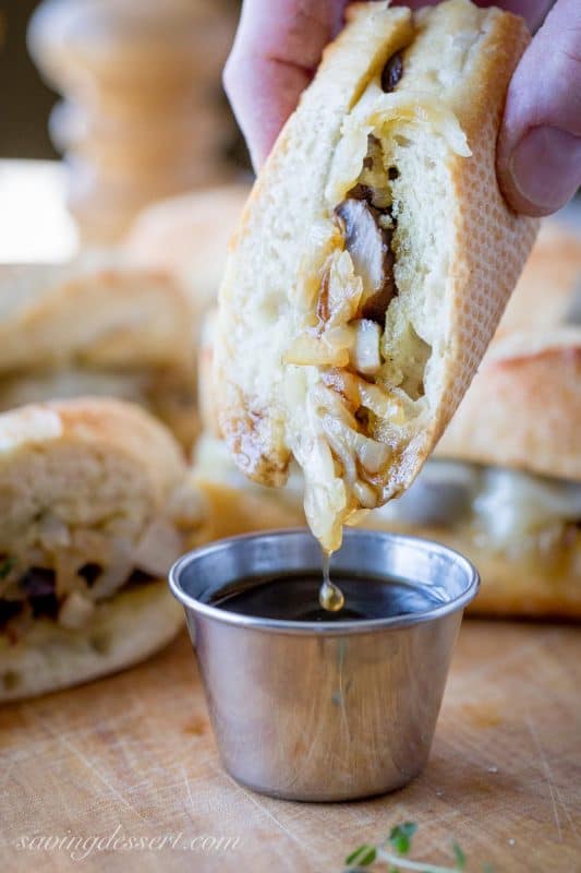 Vegetarian French Dip with Mushroom Jus, Caramelized Onions and Melted Provolone Cheese