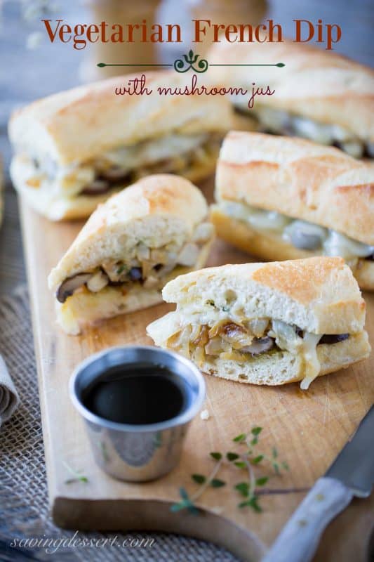 Vegetarian French Dip with Mushroom Jus, Caramelized Onions and Melted Provolone Cheese