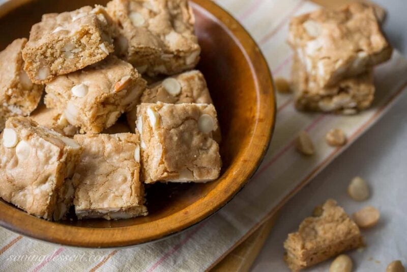 Chewy Coconut Rum Blondies with White Chocolate Chips and toasted Macadamia Nuts