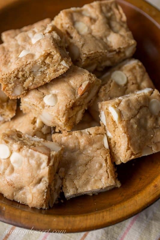 Chewy Coconut Rum Blondies with White Chocolate Chips and toasted Macadamia Nuts