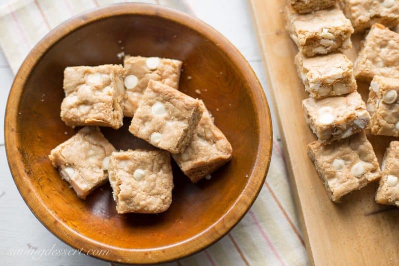 Chewy Coconut Rum Blondies with White Chocolate Chips and toasted Macadamia Nuts