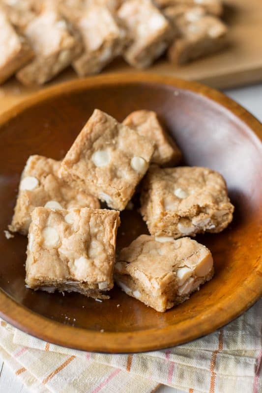 Chewy Coconut Rum Blondies with White Chocolate Chips and toasted Macadamia Nuts