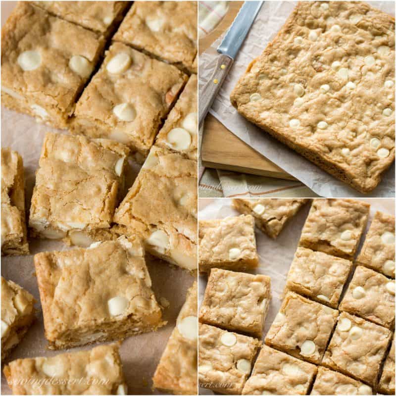 Chewy Coconut Rum Blondies with White Chocolate Chips and toasted Macadamia Nuts