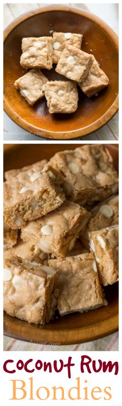 Chewy Coconut Rum Blondies with White Chocolate Chips and toasted Macadamia Nuts