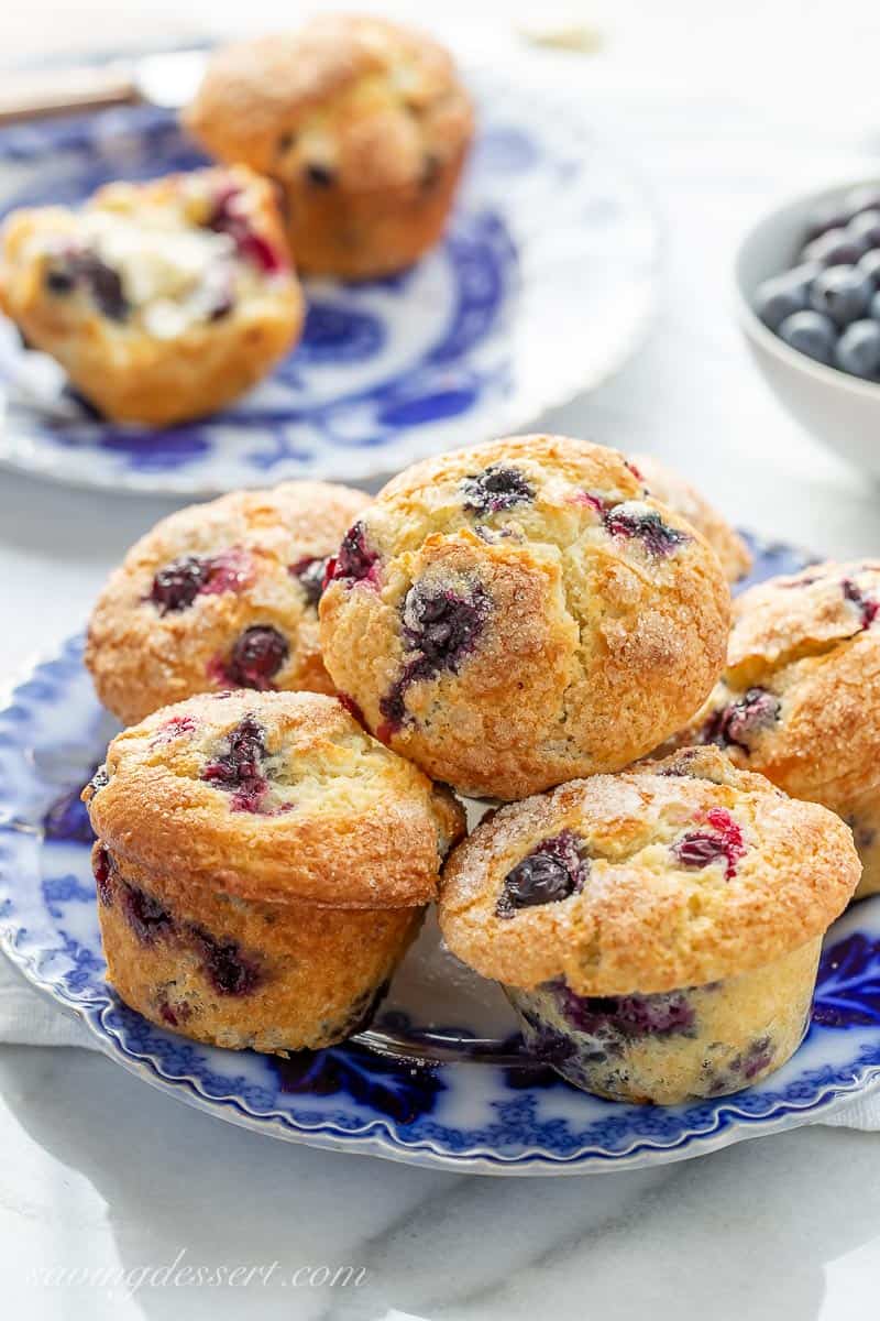 Blueberry Muffins stacked on a plate