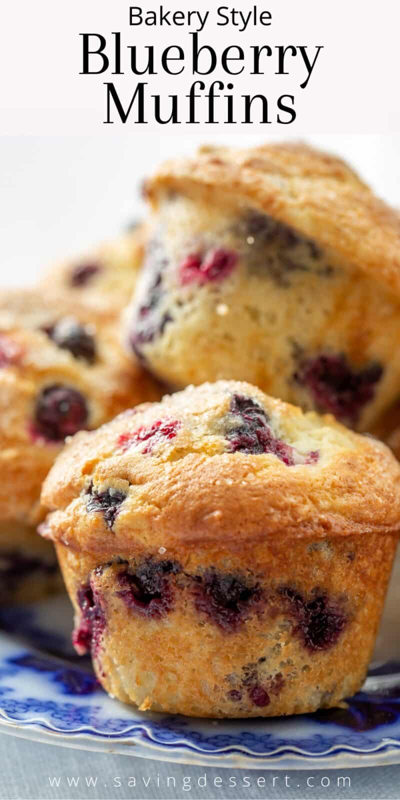 Closeup of a plate filled with blueberry muffins