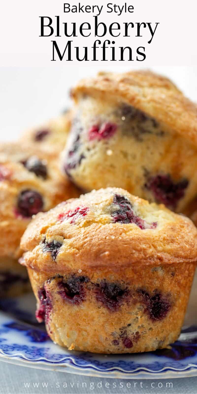 Closeup of a plate filled with blueberry muffins