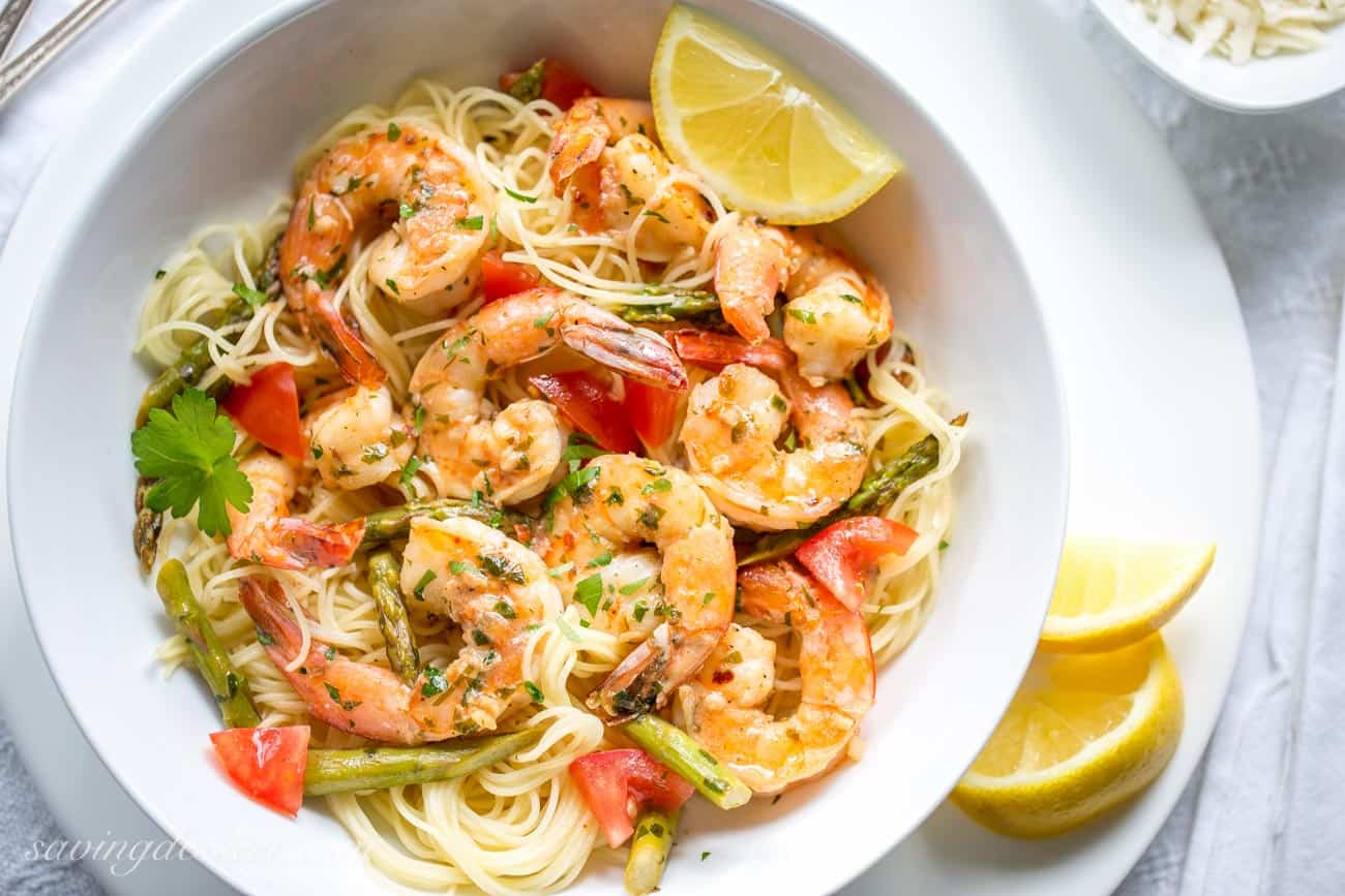 Shrimp Scampi with Asparagus and Tomatoes - Saving Room for Dessert