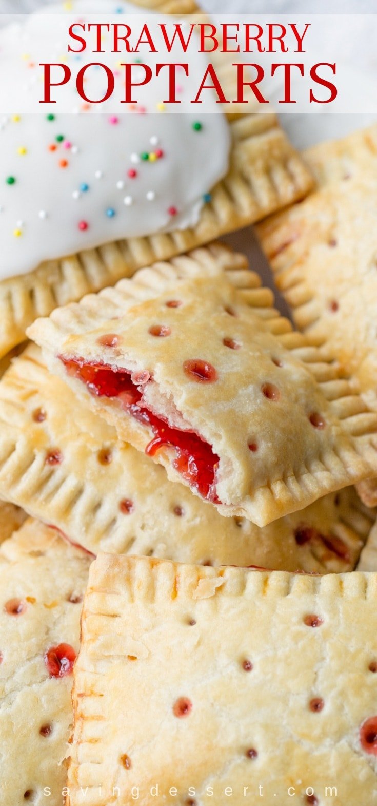 A stack of homemade pop-tarts with strawberry jam