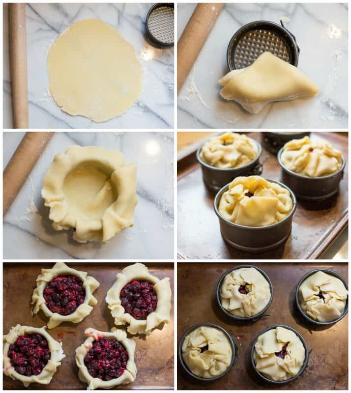 A collage of photos showing the process of making mini berry pies