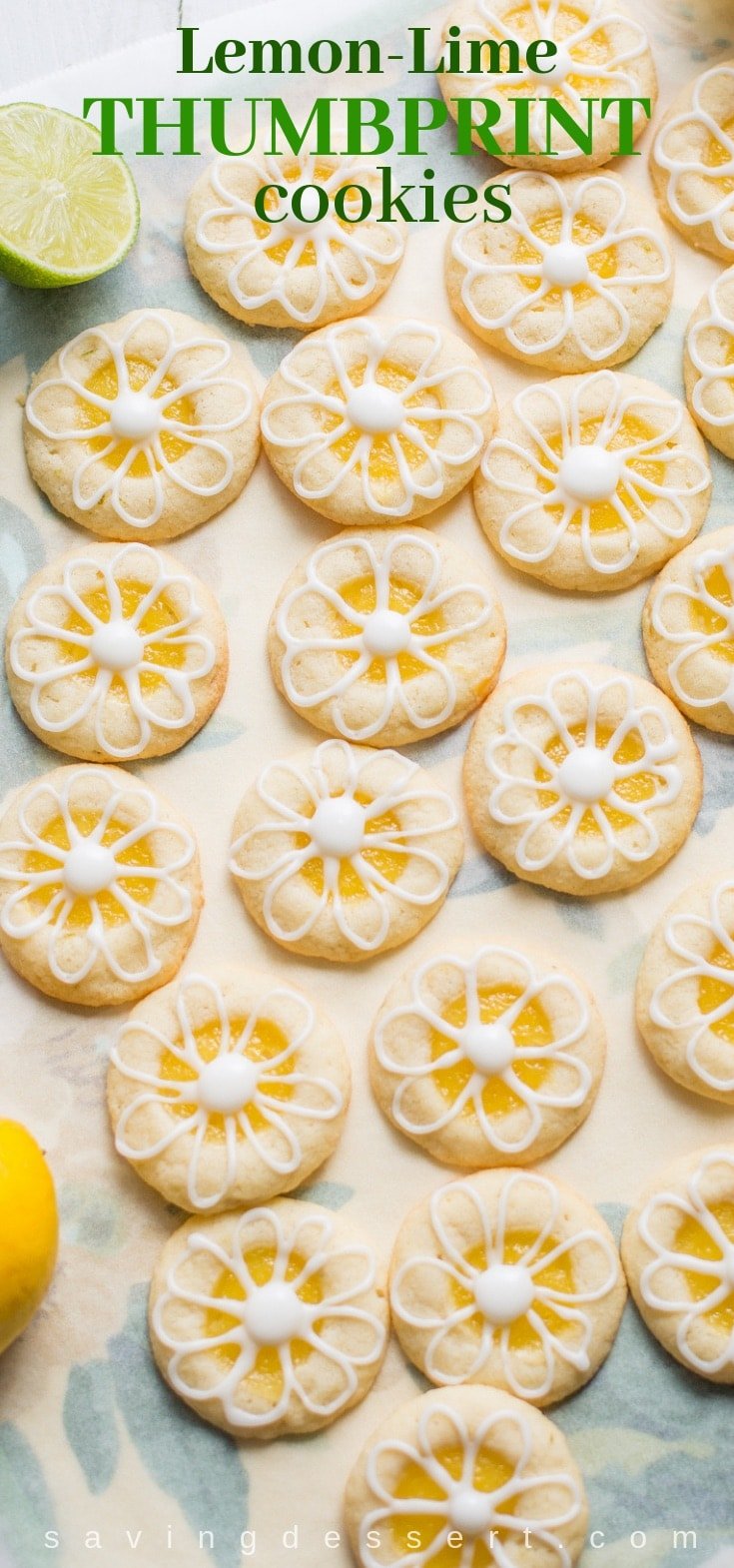 Lemon-Lime Shortbread Thumbprint Cookies filled with homemade Lemon Curd and topped with a simple Lime Icing #thumbprint #cookie #lemonlimecookies #lemoncookies #limecookies #baking #thumbprintcookies