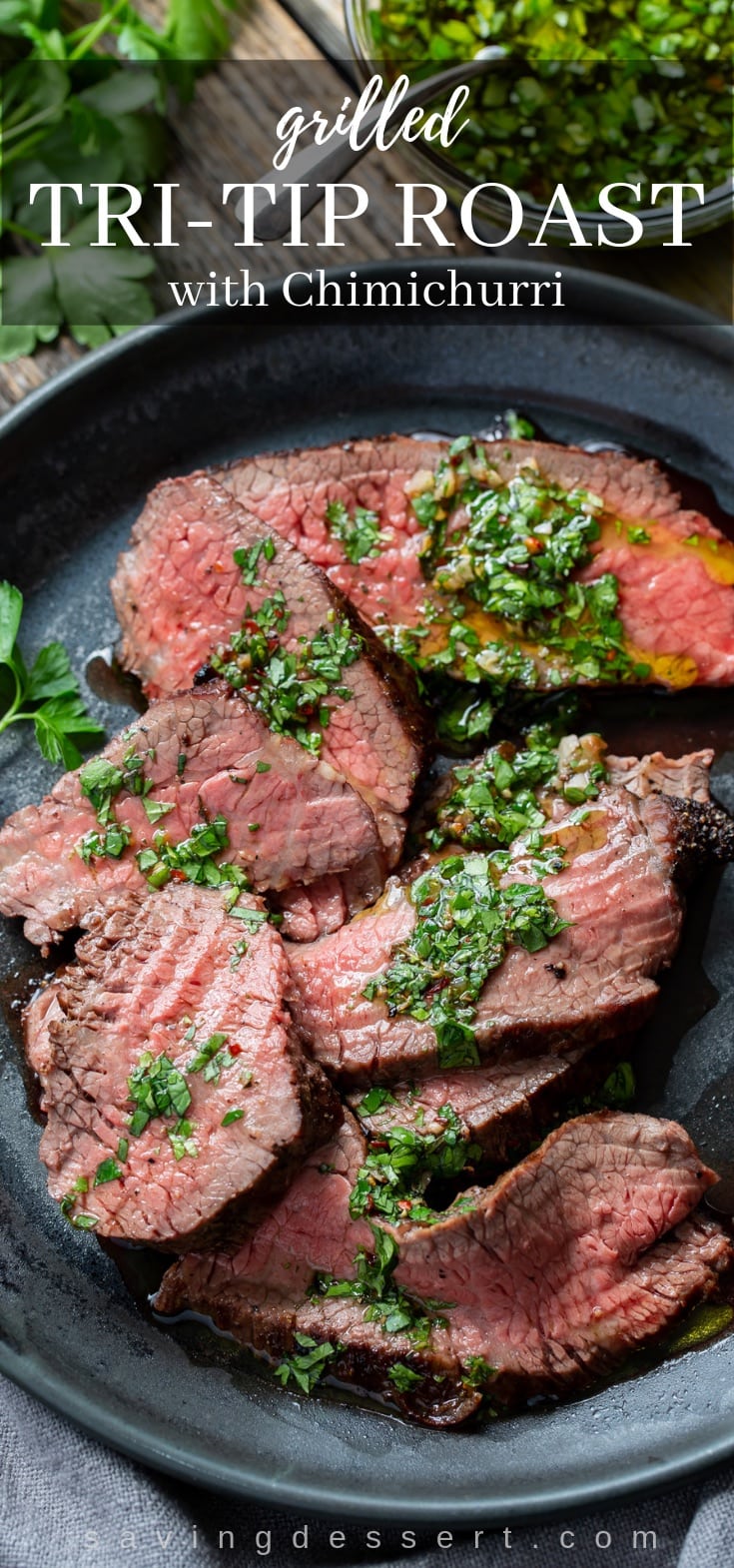 A plate with sliced grilled Tri-Tip Roast and chimichurri sauce