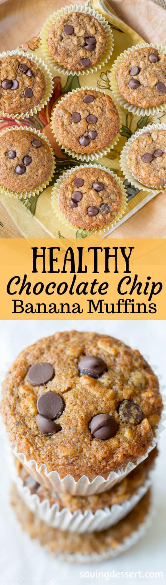 Super Healthy Chocolate Chip Banana Muffin Recipe | www.savingdessert.com