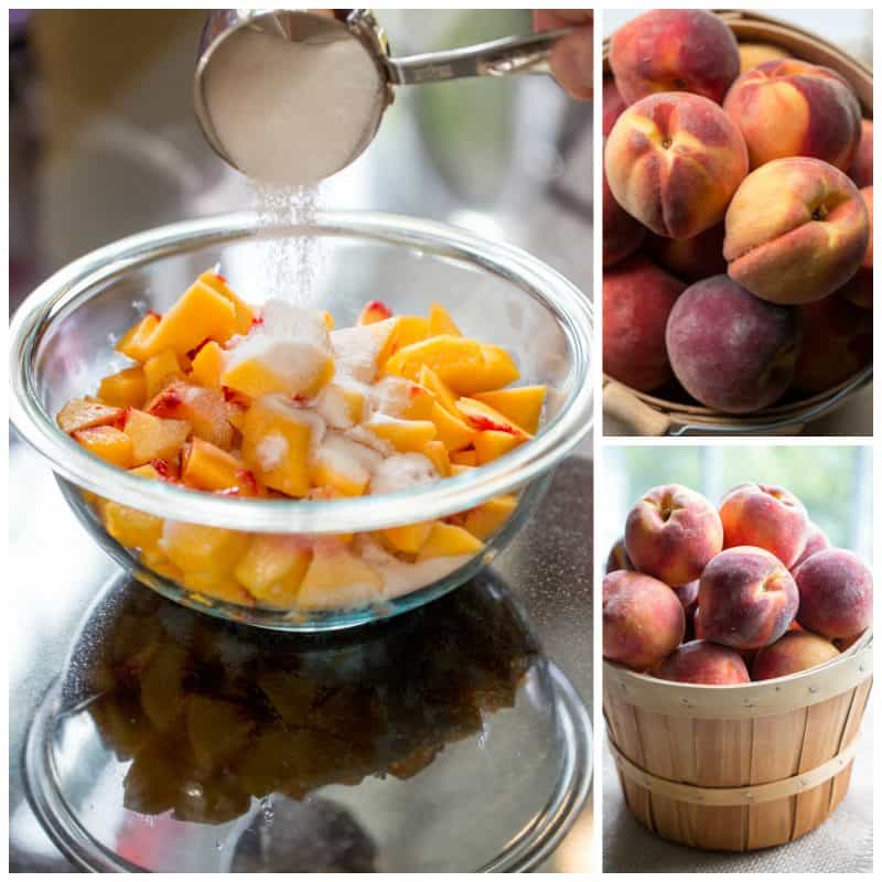 A collage of photos with fresh peaches and chopped peached sprinkled with sugar