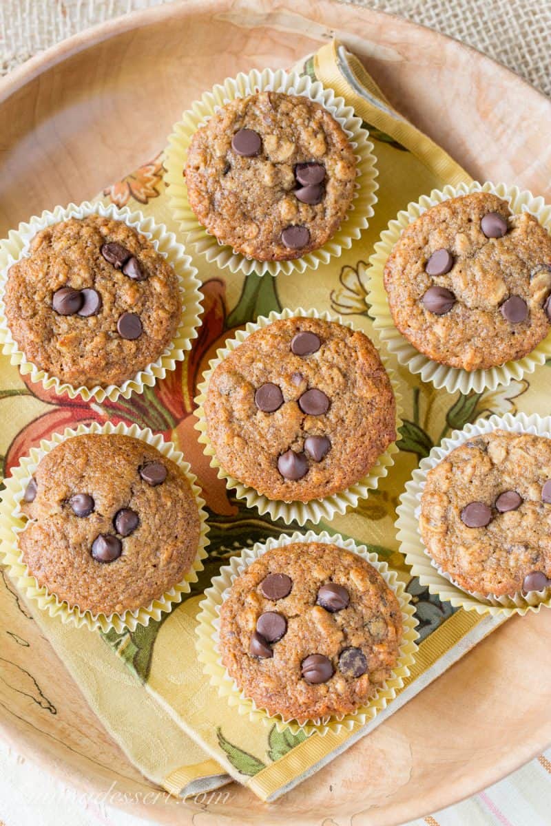 An overhead view of healthy banana muffins with dark chocolate chips