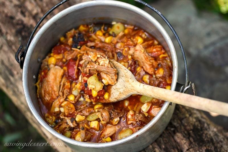 A camping pot filled with Brunswick Stew