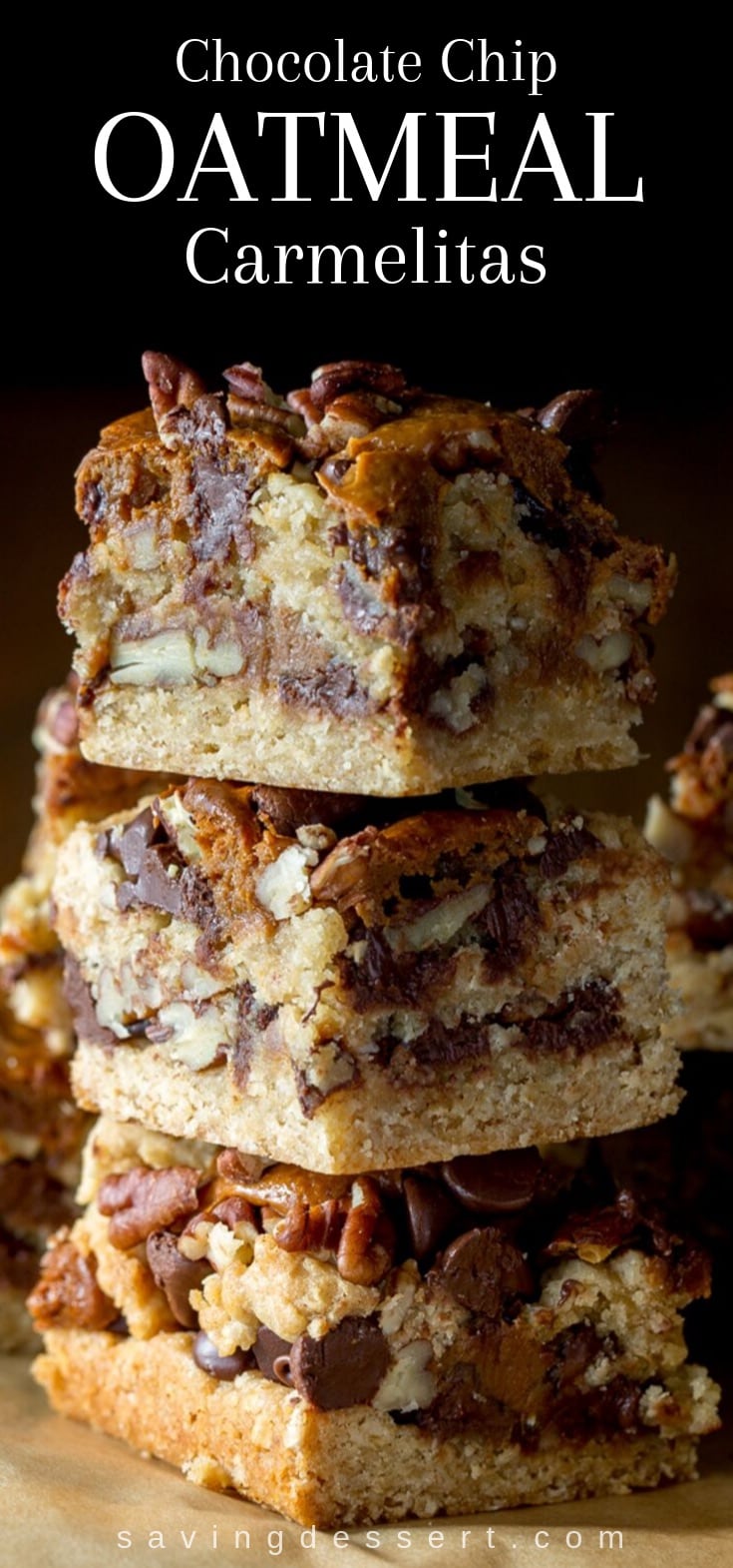 A stack of chocolate chip oatmeal carmelitas