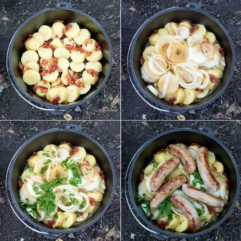 A collage of photos showing the layers of potatoes, onions and sausages