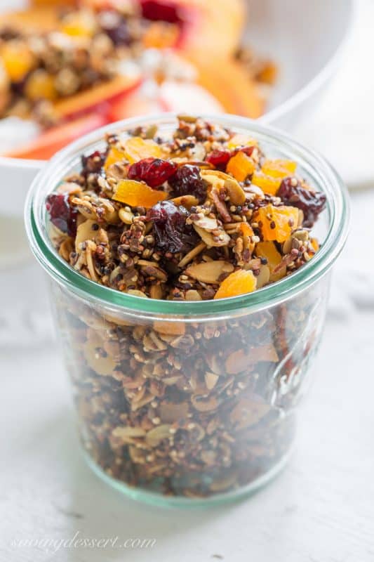 Quinoa Granola with oats, almonds, pepitas and dried fruit | www.savingdessert.com