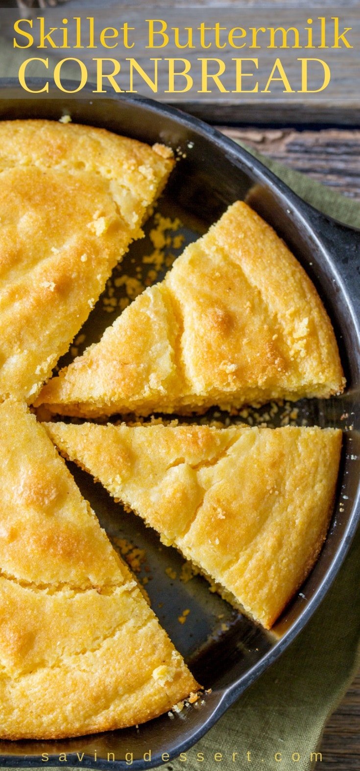 A cast iron skillet with buttermilk cornbread